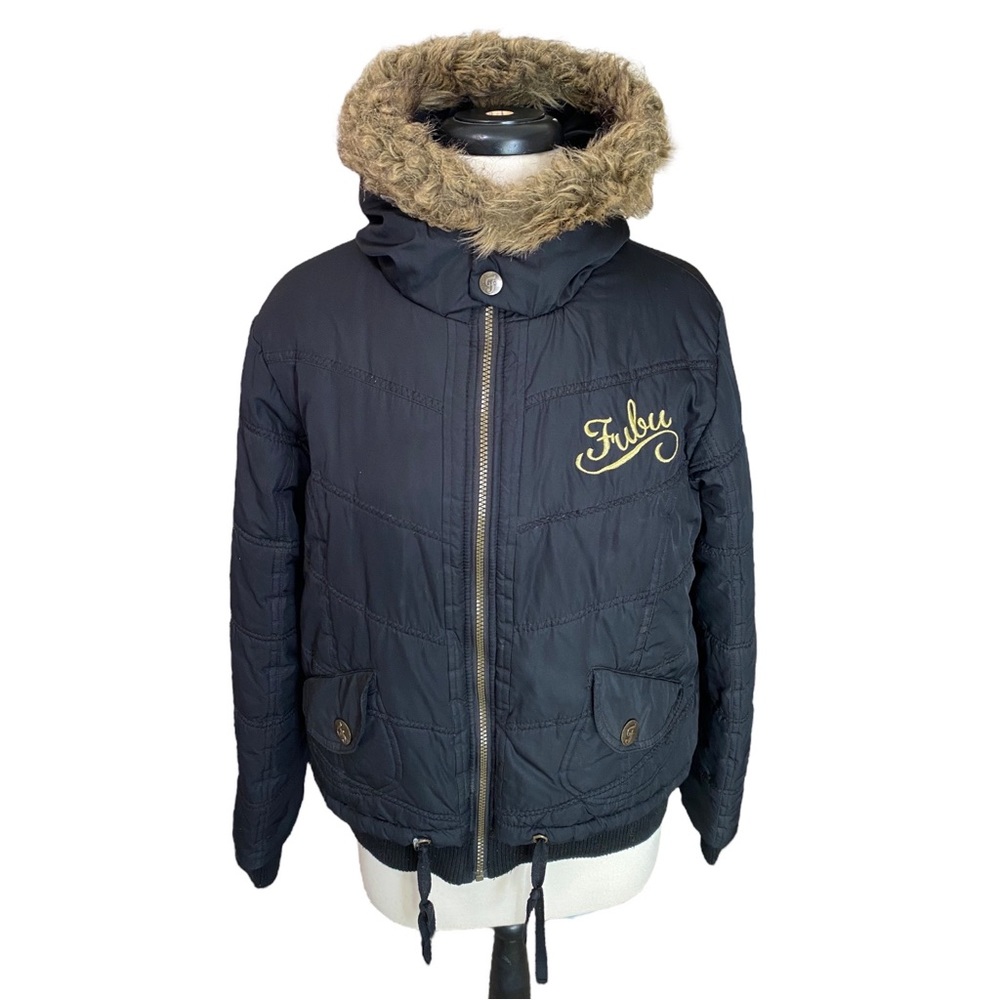 VTG Y2K FUBU Ladies Collection Black Puffer Jacket Womens Parka Sz L Hip Hop